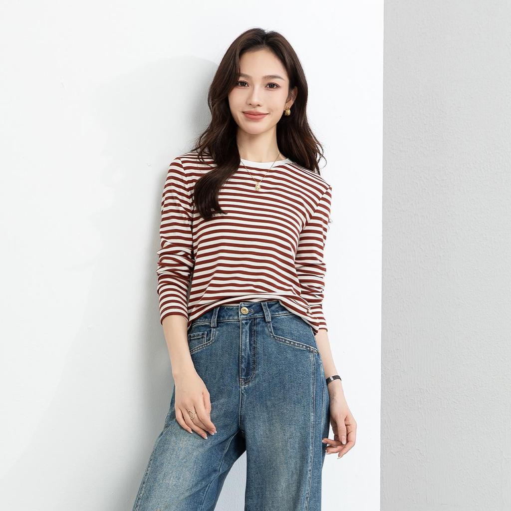 Yifei Women's Slim-Fit Long-Sleeve Striped Tencel Wool Top, 2026 Spring Collection