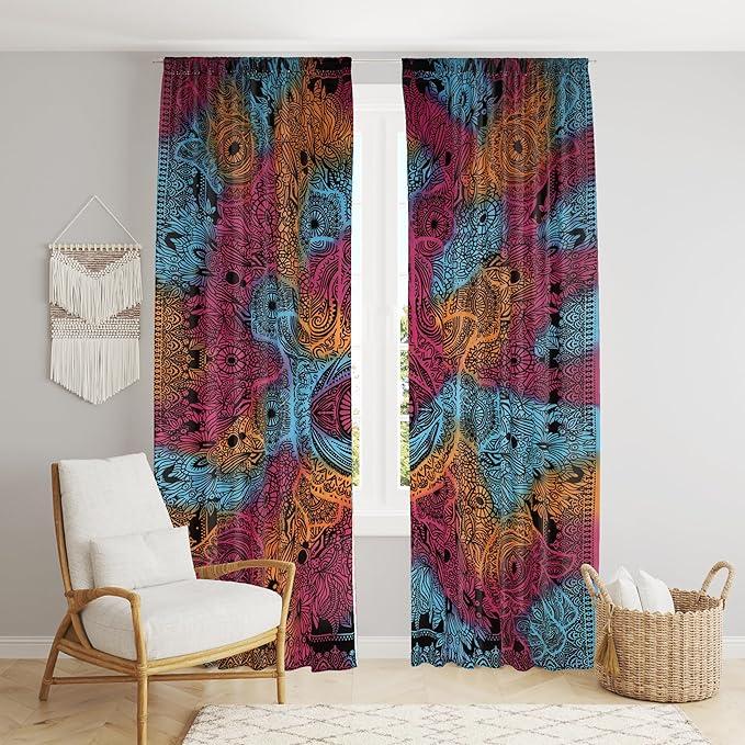 

Bless International Beautiful Indian Bohemian Psychedelic Hippie Tie Dye Window Curtain Panels for Bedroom, Living, Balcony (Tie Dye Hamsa Hand) 83 L x 38 W