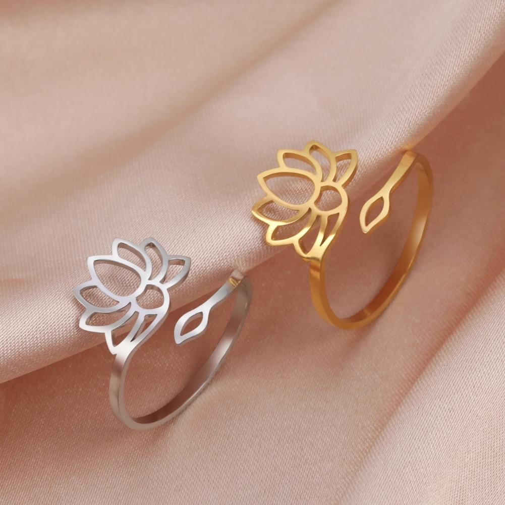 Stainless Steel Lotus Flower Rings Silver Color Yoga Buddha Adjustable Ring Om Symbol Amulet Vintage Jewelry New Year Gifts