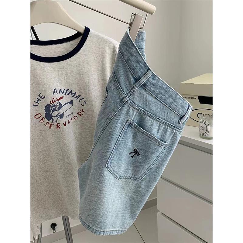 Design-sensory Bow Embroidered Denim Shorts for Women In Summer New Large Size Fat MM High Waist Straight Wide-leg Shorts