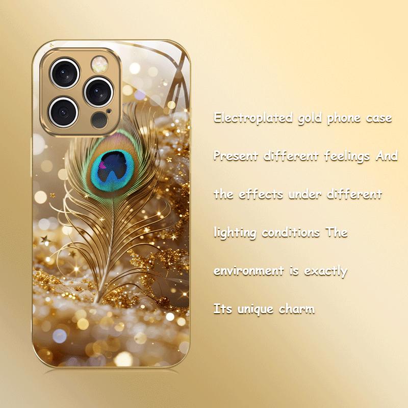 Golden Peacock Feather Pattern Tempered Glass Phone Case Suitable for iPhone 17 16 15 14 13 12 11 Pro/Max/Plus Anti Shock iPhone 17PROMAX золотой