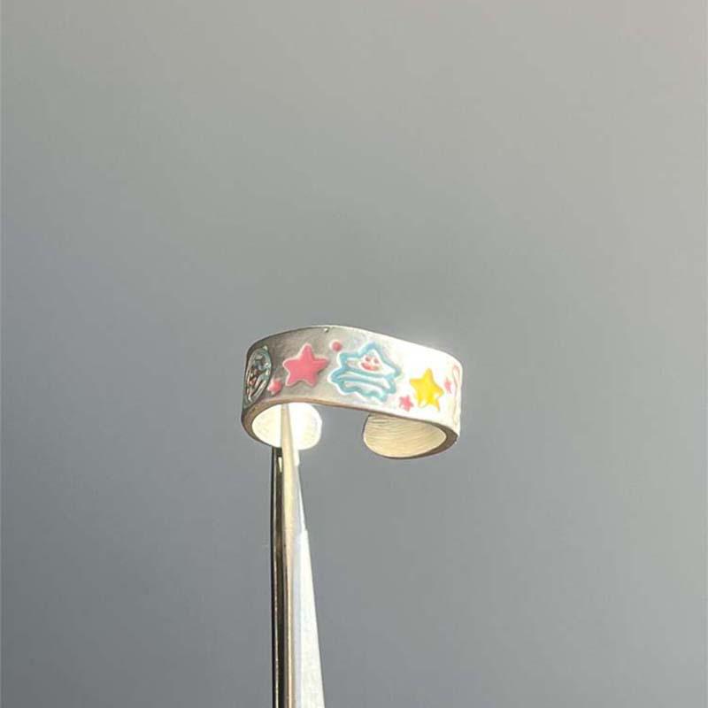 Painted Christmas Tree Graffiti Ring, Cute Dinosaur Design, Adjustable Women's Fashion Ring