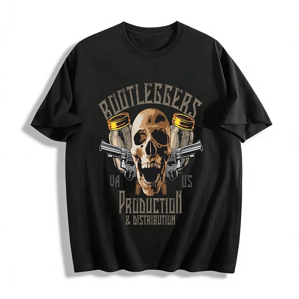 

Bootleggers Skull Print Retro T-Shirt Mens Biker Style Casual Top Pure cotton T-shirt XXS