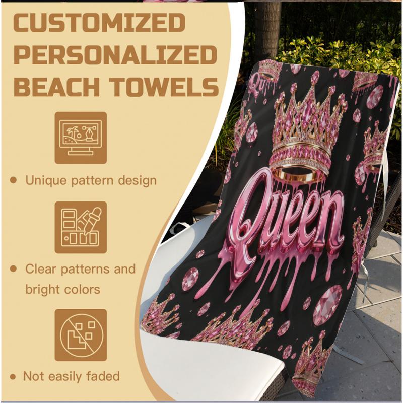 King Queen Crown Beach Towel - Extra Large Microfiber, Fast Drying, Black Gold Pink Print, For Pool Gym Yoga, Gift