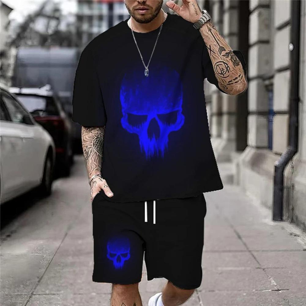 Summer New Casual Men's Skull Print T-Shirt Set Fashion Streetwear Tees Loose Oversized Breathable Soft Short Sleeves And Shorts