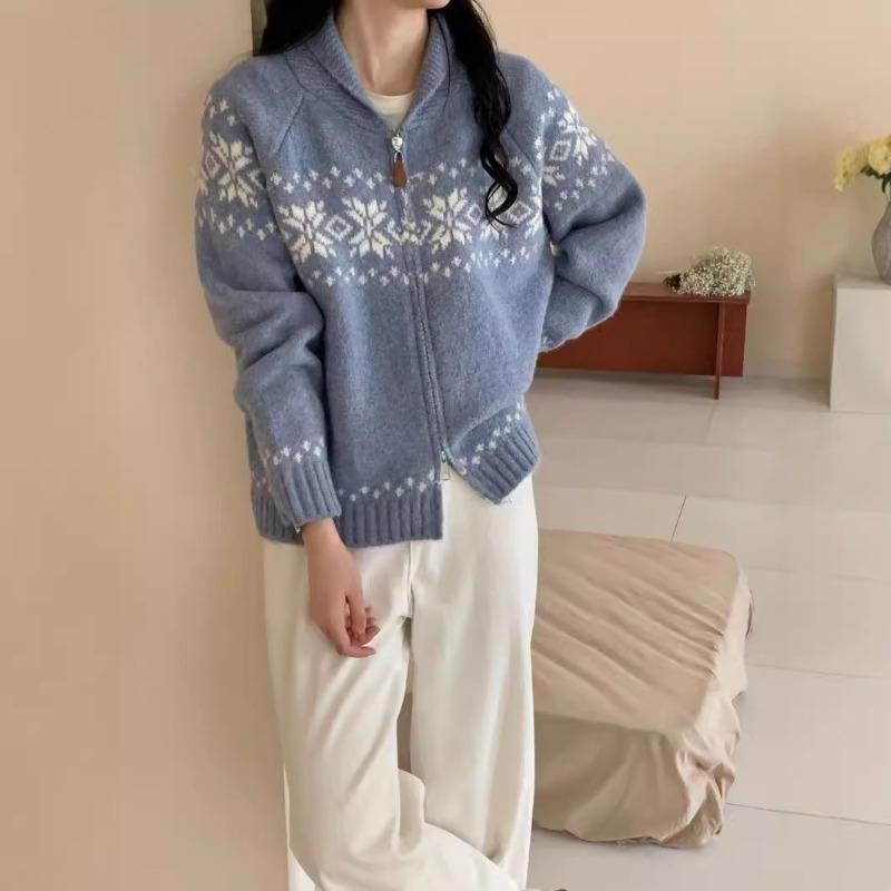 Retro gentle jacquard sweater jacket for women's autumn and winter new loose contrasting color zipper knitted cardigan for women