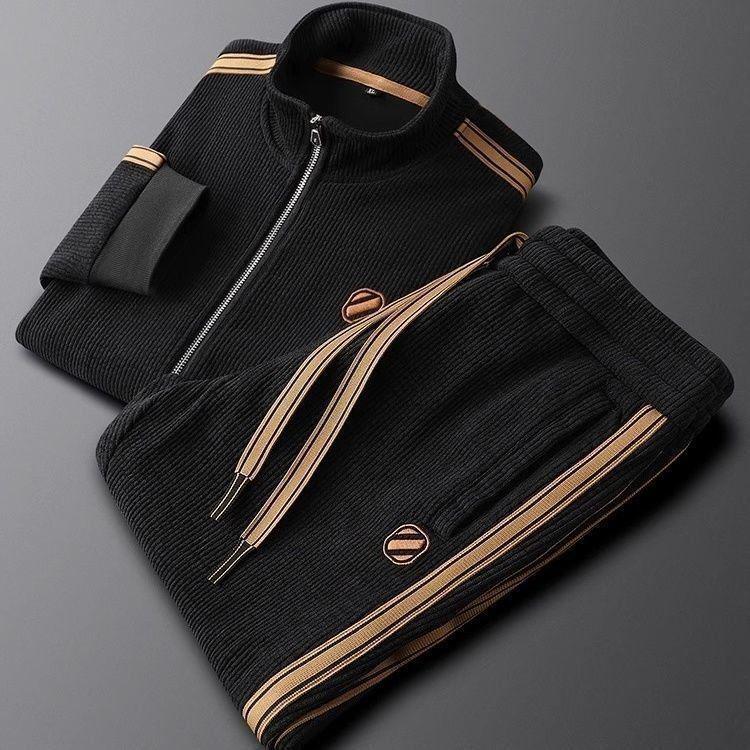 Men's Trendy Slim Fit Casual Sports Suit: Warm, Solid Color, Striped Two-Piece Set with Jacket & Straight-Leg Pants for Fall/Winter