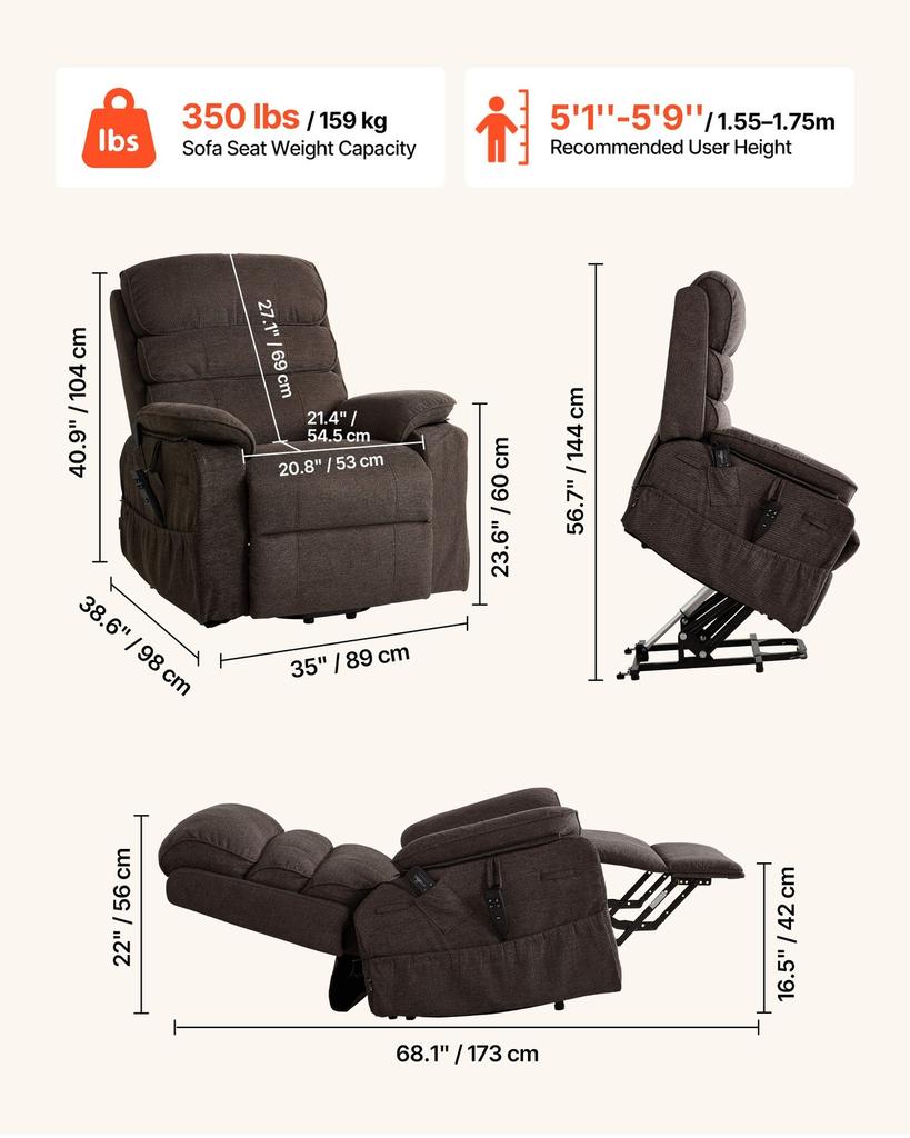 Power Lift Recliner Chair, Dual Motor, Medium Electric Lift Chair with Heat and Massage for Elderly, Infinite Position Adjustment, Chenille Fabric,