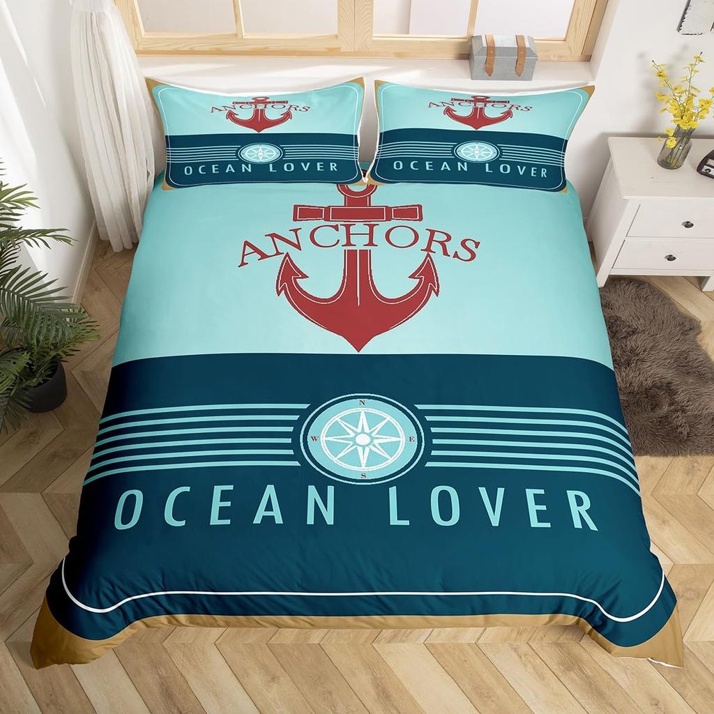 Anchor Compas Soft Duvet Cover Nautical Warm Comforter Cover Ful King Geometric Stripes Beding Set Coastal Adventure Theme Comfortable Quilt Cover