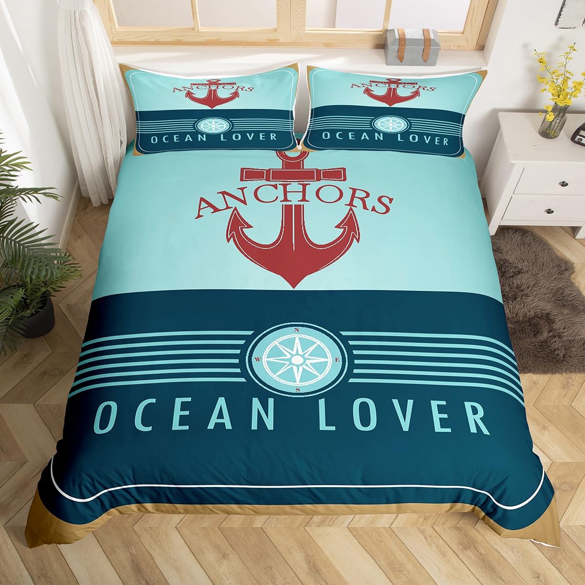 

Anchor Compas Soft Duvet Cover Nautical Warm Comforter Cover Ful King Geometric Stripes Beding Set Coastal Adventure Theme Comfortable Quilt Cover 120*200cm Single