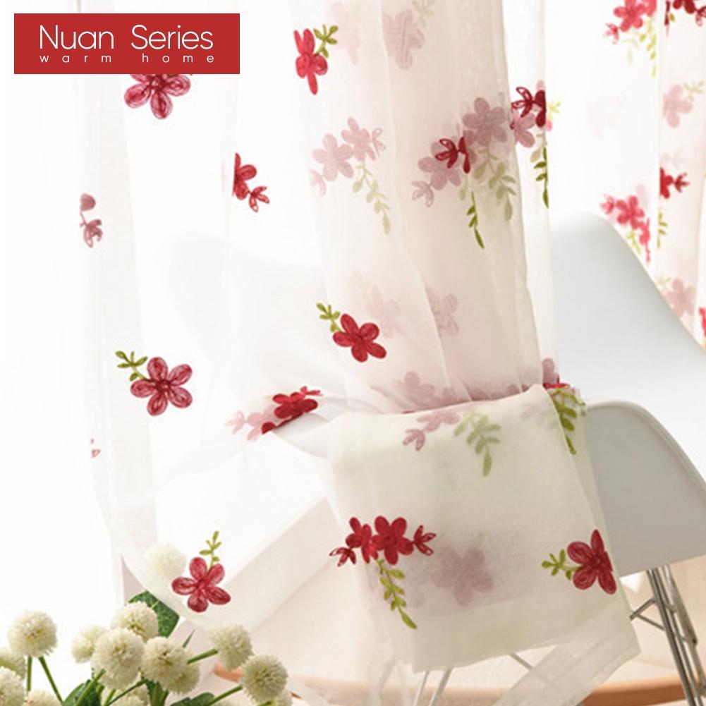1 Stück Nuan Serie Exquisit und Vielseitig Pastoraler Stil Rot Floral Bestickt Transparenter Vorhang Tüll für Wohnzimmer Schlafzimmer Fensterdekoration Heimdekor