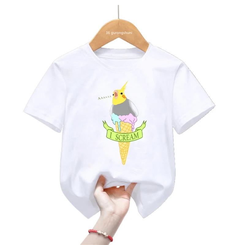 Sommar Tecknad Cockatiel Fågel Tryck T-shirt För Flickor/Pojkar Rolig Papegojfågel Barnkläder Kortärmad T-shirt