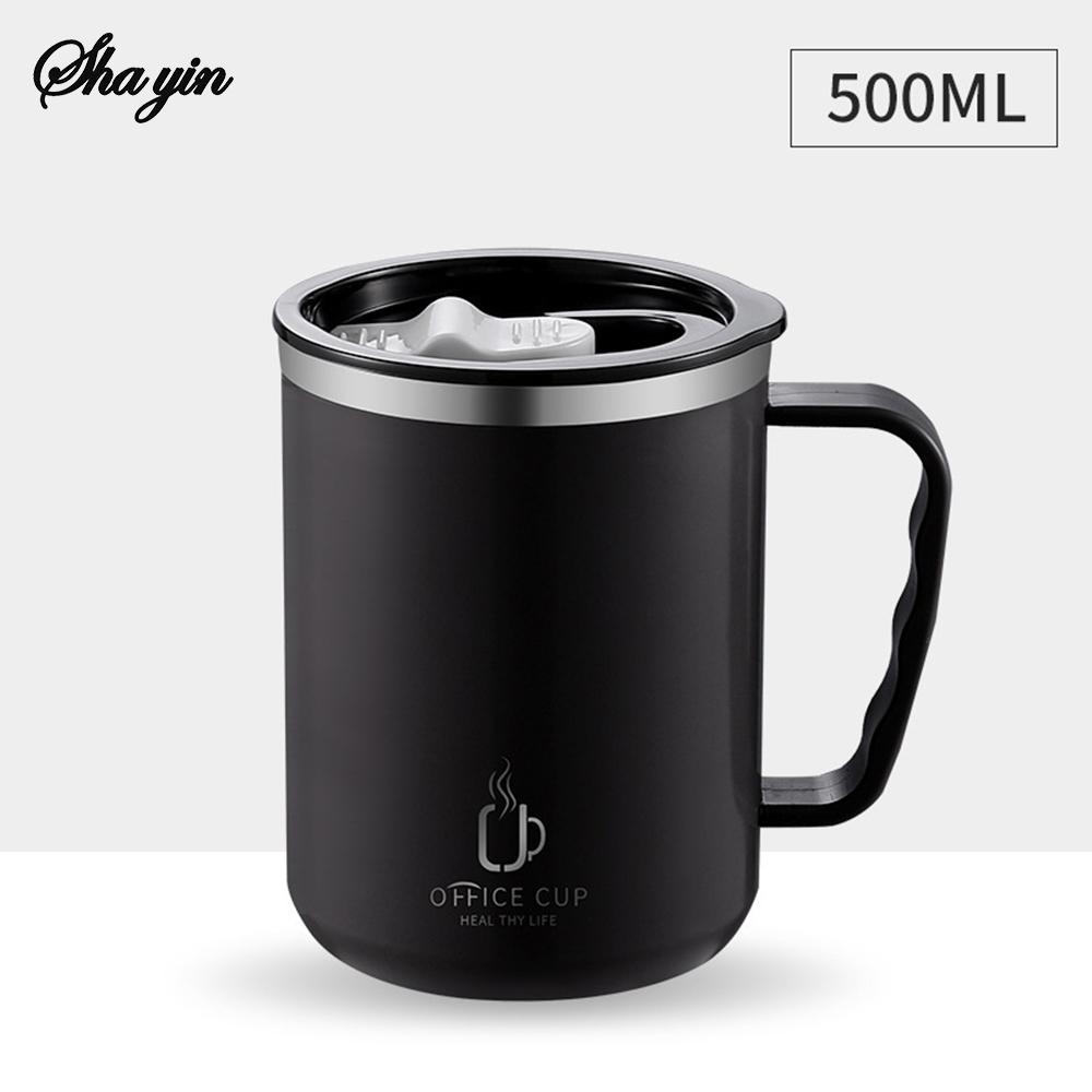 

500 мл/17 унцій Пляшка для води з нержавіючої сталі 304, двошарова чашка для кави, чашка для молока з пластиковою кришкою та ручкою 500ml чорний