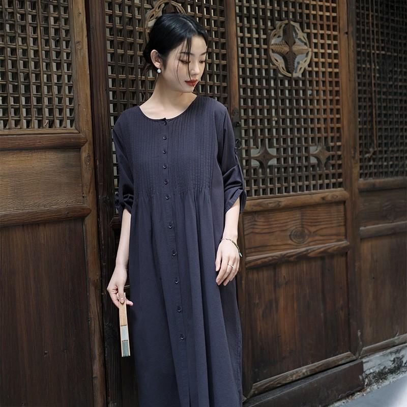 Johnature Women Spring O-Neck Long Sleeve Solid Color Vintage Single Breasted A-Line Dress