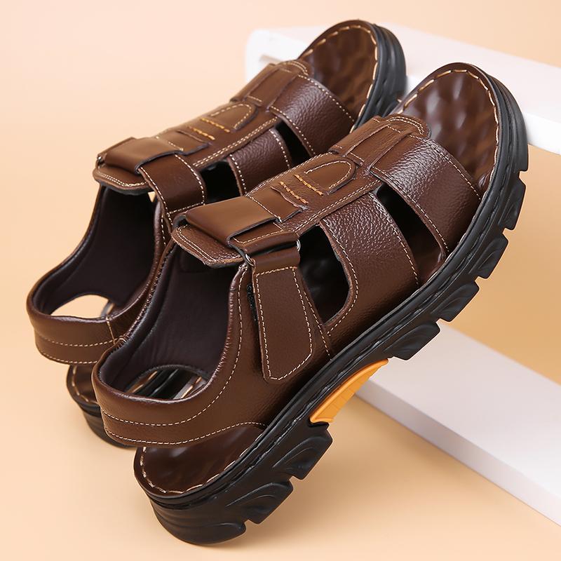 Sandales en Cuir PU pour Hommes Style Été Bout Ouvert Plage Chaussures Polyvalentes Antidérapantes Chaussures Décontractées Mode Homme Sandales Romaines Plates