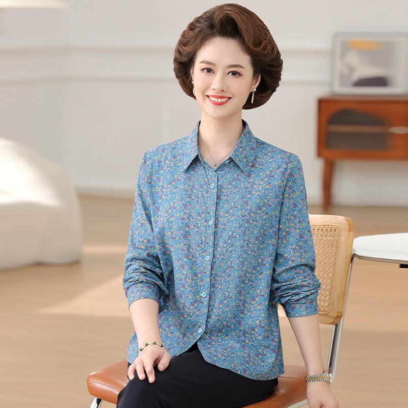 

Mom s Floral Cotton Long Sleeve Lapel Shirt - Spring/Summer Collection 2026 for Middle-Aged and Elderly Women 4XL (recommended 135-150 lbs) синій