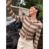 Vintage Y2K Striped Hooded Knit Sweater Women Slim Fit Short Zip Up Top