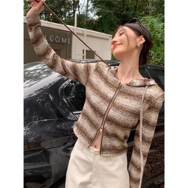 Vintage Y2K Striped Hooded Knit Sweater Women Slim Fit Short Zip Up Top
