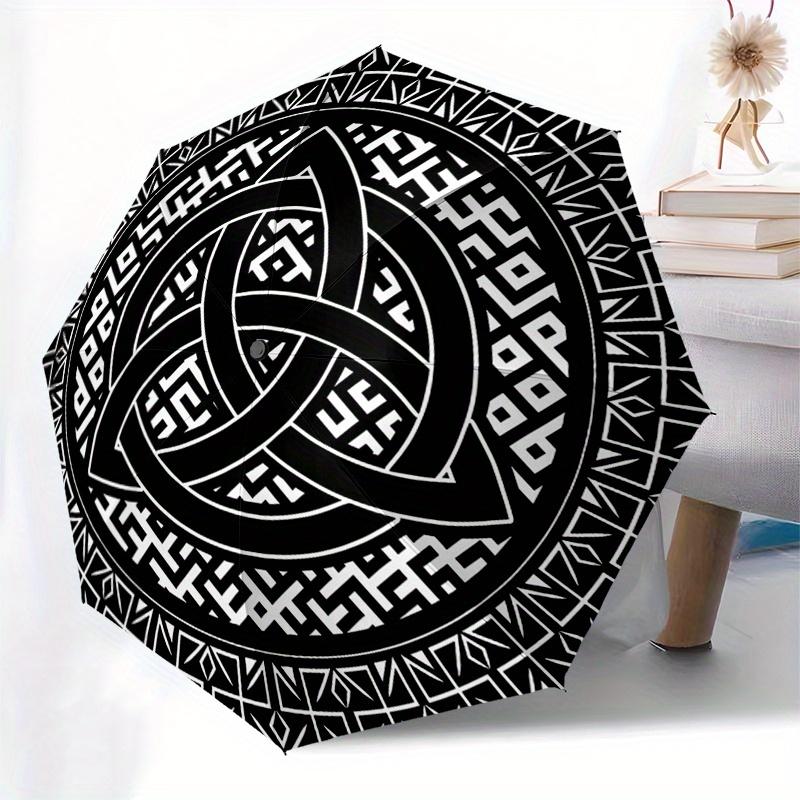 Celtic Knot Triquetra Symbol Umbrella - Automatic Open/Close, 3-Fold Compact, Black & White Infinity Knot Design - Irish Welsh