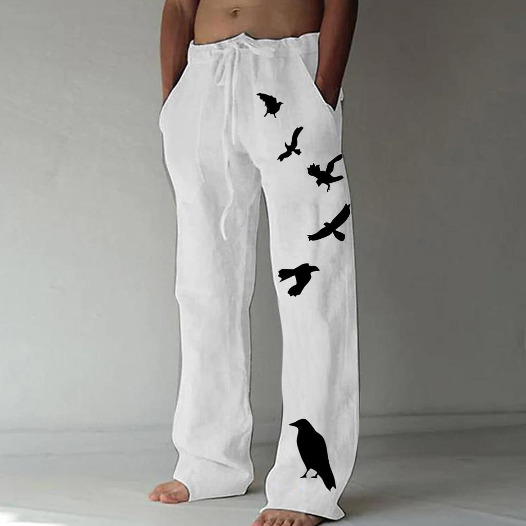 Men's Loose Casual Color Cotton Linen Trousers Elastic Tie Printed Straight Pants
