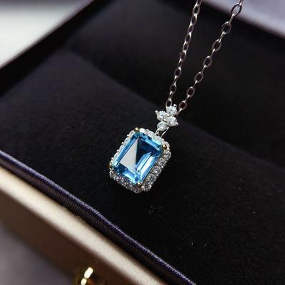Rectangular Simulation Sea Blue Topaz Color Treasure Delicate Clavicle Chain Simple Crystal Necklace For Women Wedding Jewelry