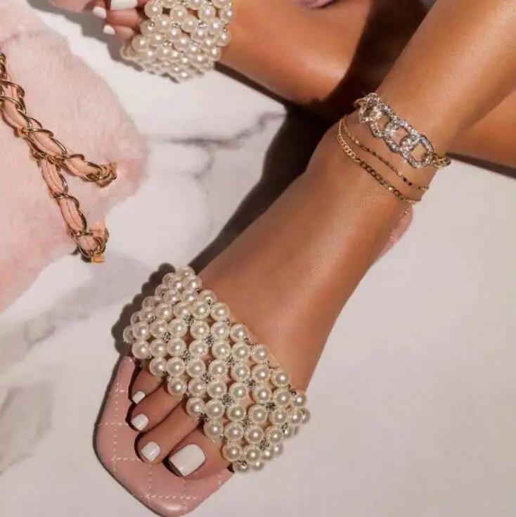 Fashion Women's pearl biscuit flat sandals, matching casual shoes, solid color, new arrivals for spring and summer 2025