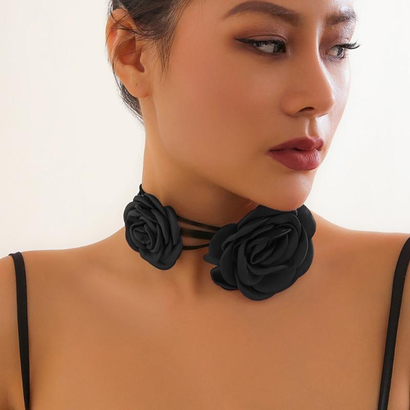 Y2K Adjustable Rope Necklaces with Big/Small Rose Pendant Charm, Fashionable Gothic Clavicle Chain Trendy Neckwear Gift