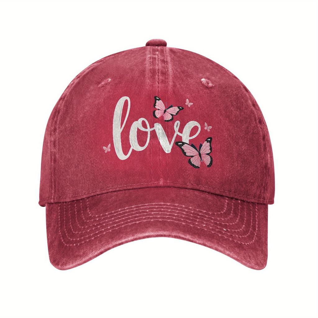Love Butterfly Print Denim Washed Baseball Cap Vintage Polyester Casual Adjustable Hat Unisex