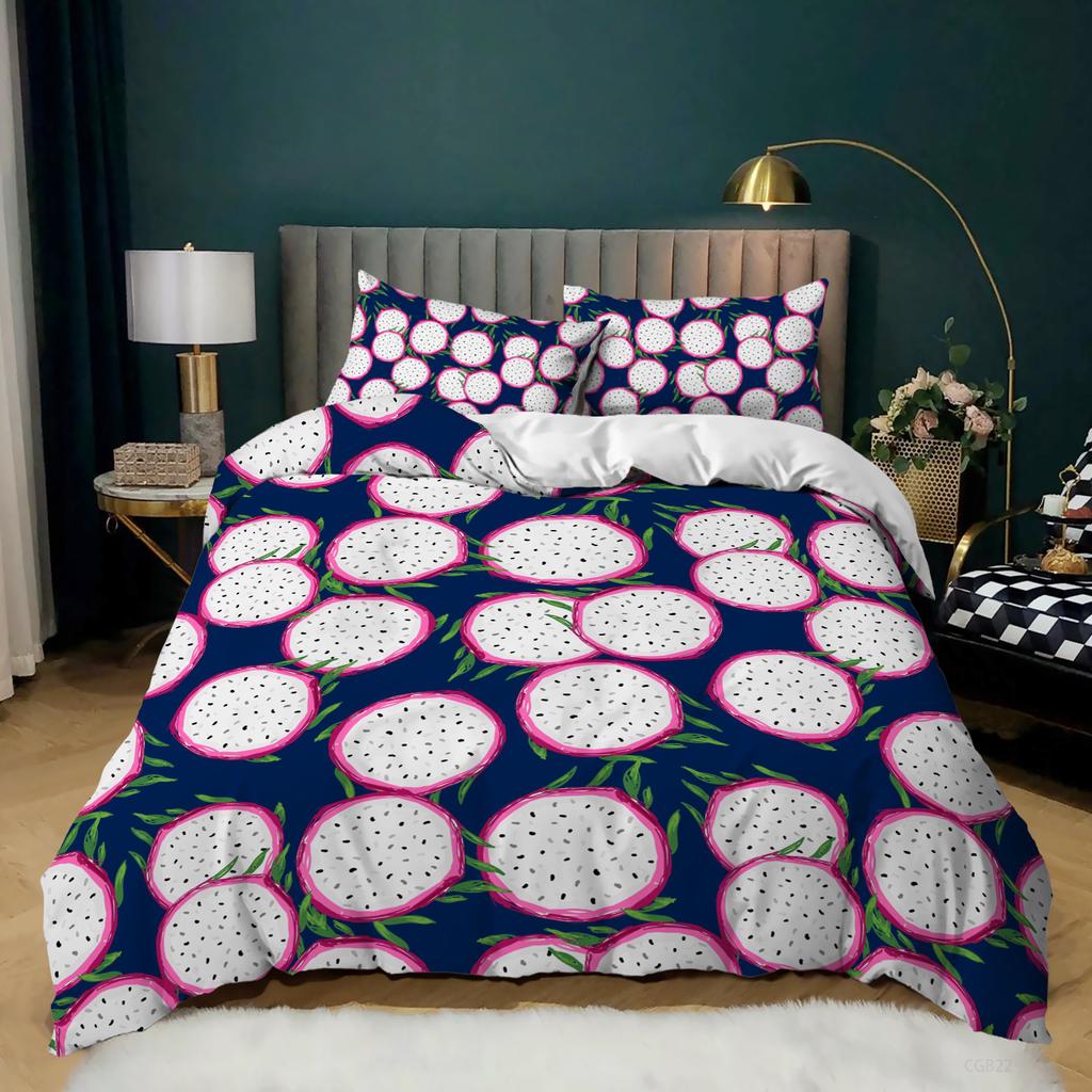 Schwarzes Bettwäscheset Bettbezug für Kinder Erwachsene Niedlicher Pitaya-Bettbezug Cartoon Tropenfrucht-Druck Tagesdecke Königin-Größe