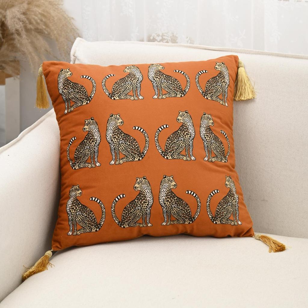 Nordic Luxury Leopard Print Gold Tassel Pillowcase for Living Room Sofa