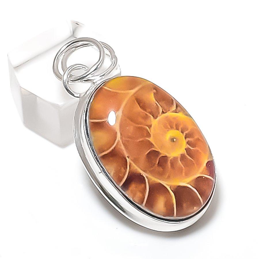 Natural Ammonite Fossil Gemstone 925 Sterling Silver Jewelry Pendant 1.85" N8R56