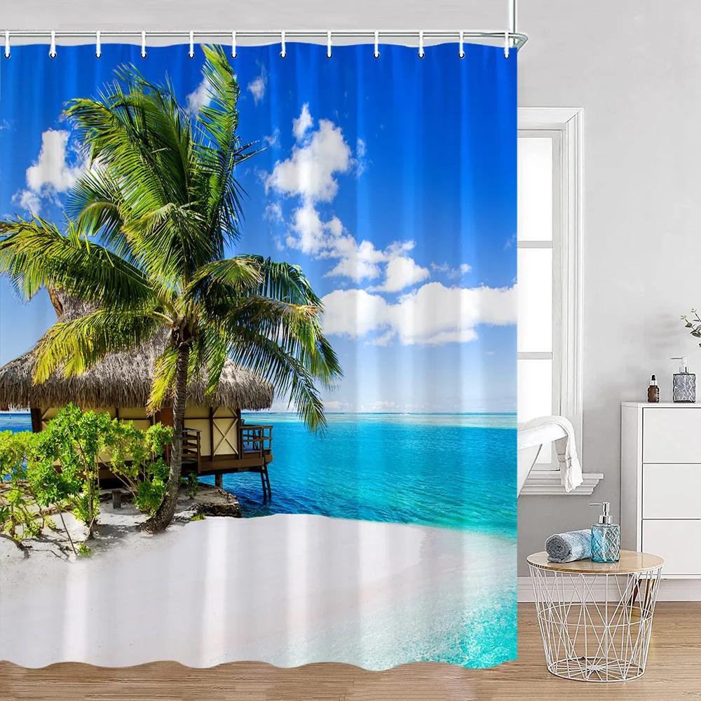 Seaside Beach Shower Curtains Summer Vacation Coconut Trees Seascape Sea Scenery Bathroom Decorations Polyester Bath Curtain