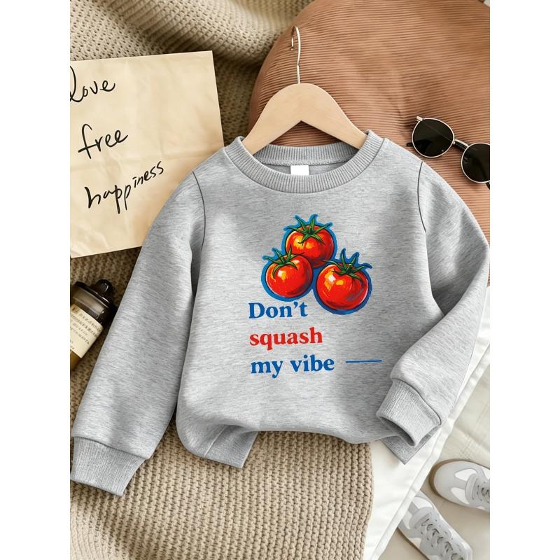 European sizes Cute Tomato Print Kids'  Lightweight Round Neck Sweatshirt, Comfortable Outdoor Wear Choice for 0-3 Year Old Kids