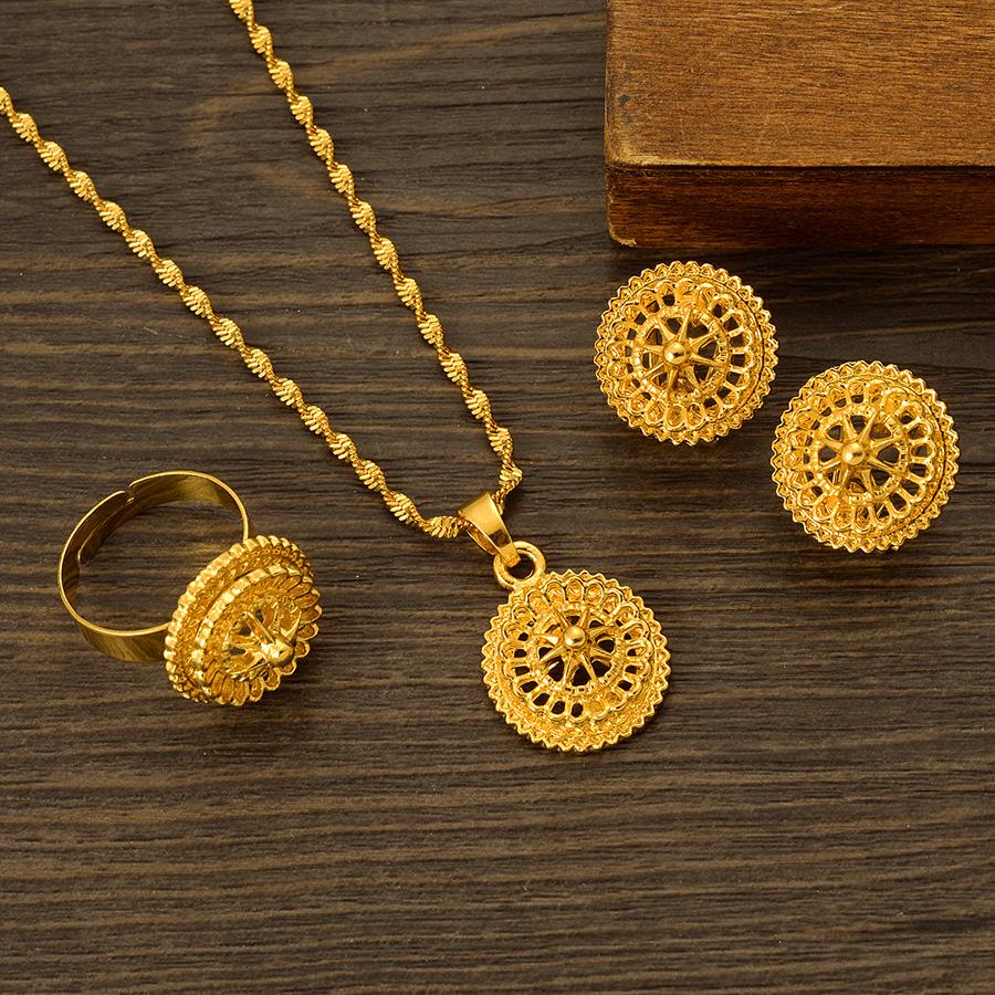 4PC Women's Fashion Gold Flower Necklace, Earrings, Rings, Zircon Set Suitable for Wedding, Party, Festival Gifts