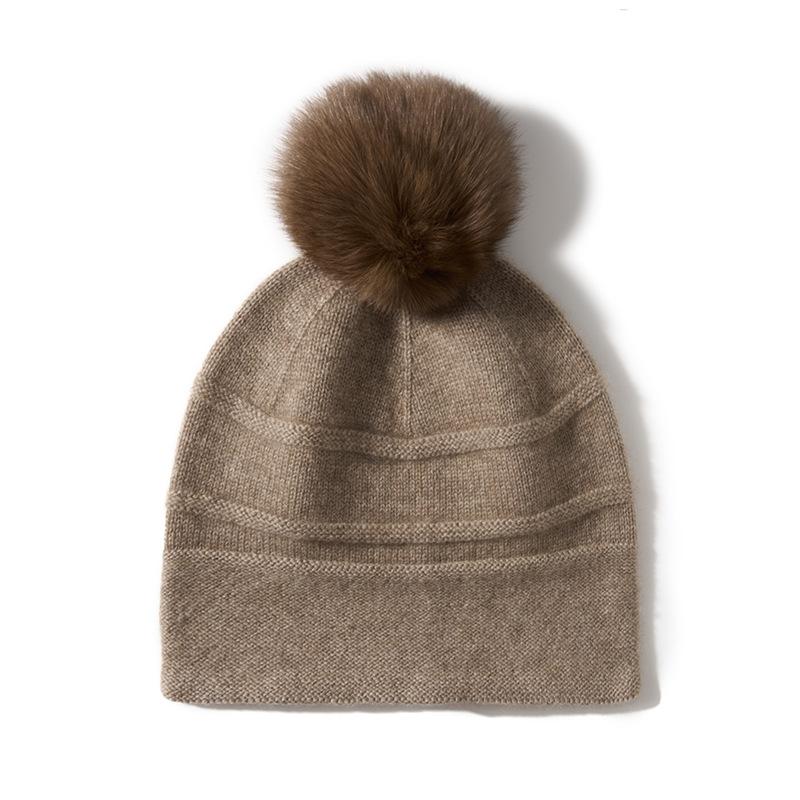 

Cashmere Autumn and Winter New Women s High End Solid Color Horizontal Stripe Fur Ball Warm Fashion Knitted Casual Hat One Size