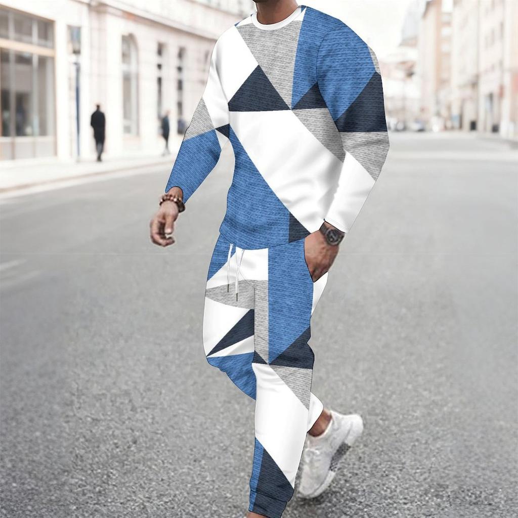 Men Retro Mosaic Hexagon Marble Texture Print Long Sleeve Sweatshirt Jogger Pants Two Piece Suit