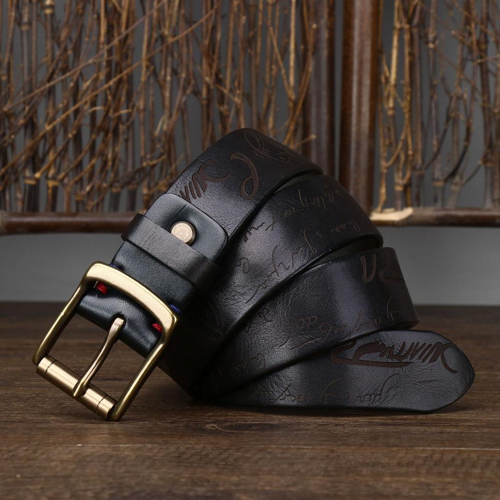 Belt Men's Retro Distressed Laser Carved Italian Vegetable Tanned Leather First Layer Pure Cattlehide Brass Buckle Belt