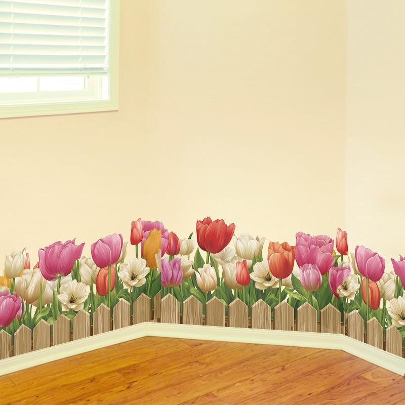 Tulip Floral Skirting Board Bedroom Living Room TV Sofa Background Decorative Waterproof Wall Stickers