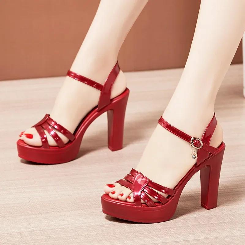 Small Size 32-43 Elegant Block High Heels Sandals Patent Leather 2025 Summer Women's Thick Platform Shoes for Dress Wedding