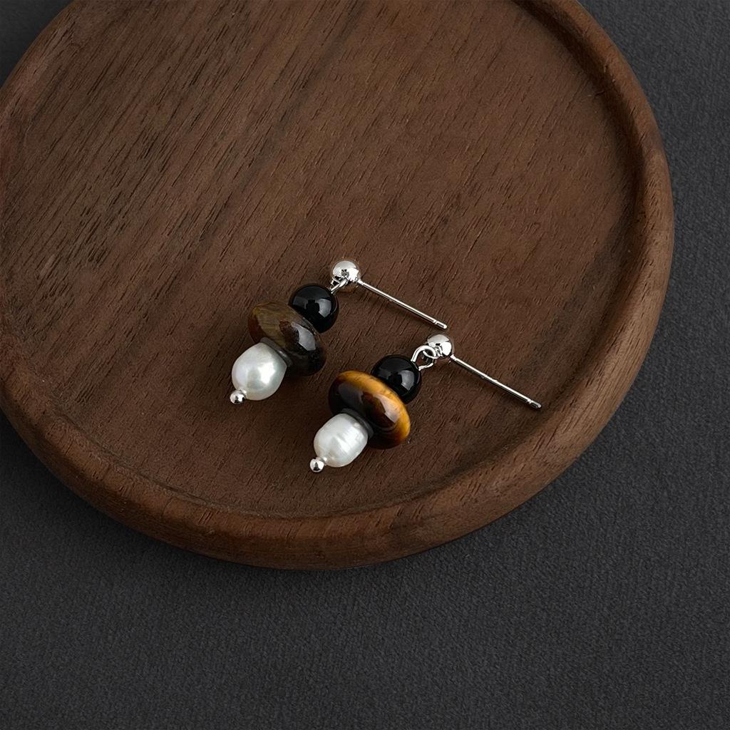 Retro Melaard Tiger's Eye Handmade French Light Luxury Stud Earrings for Women