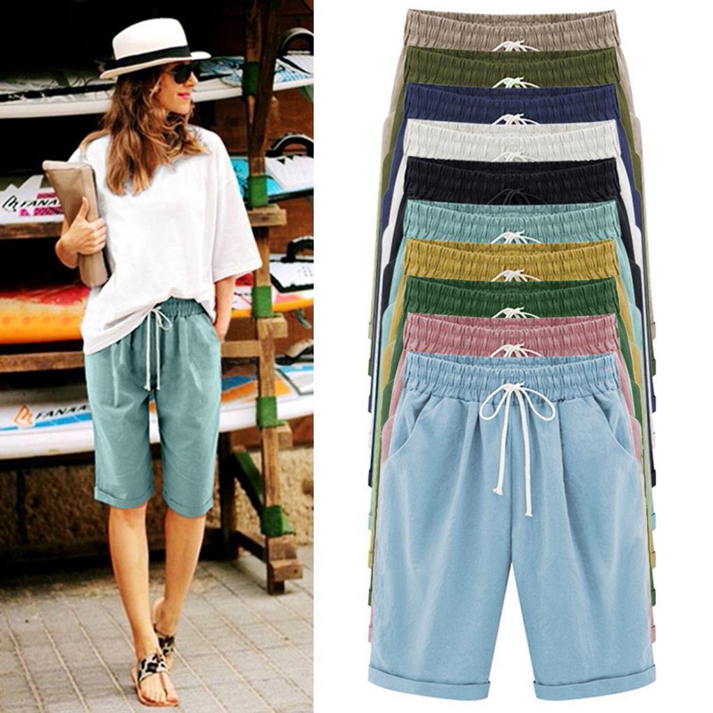 Women's  Fashion New Mid-waist Summer Solid Color Thin Outer Loose Casual Five-point Pants