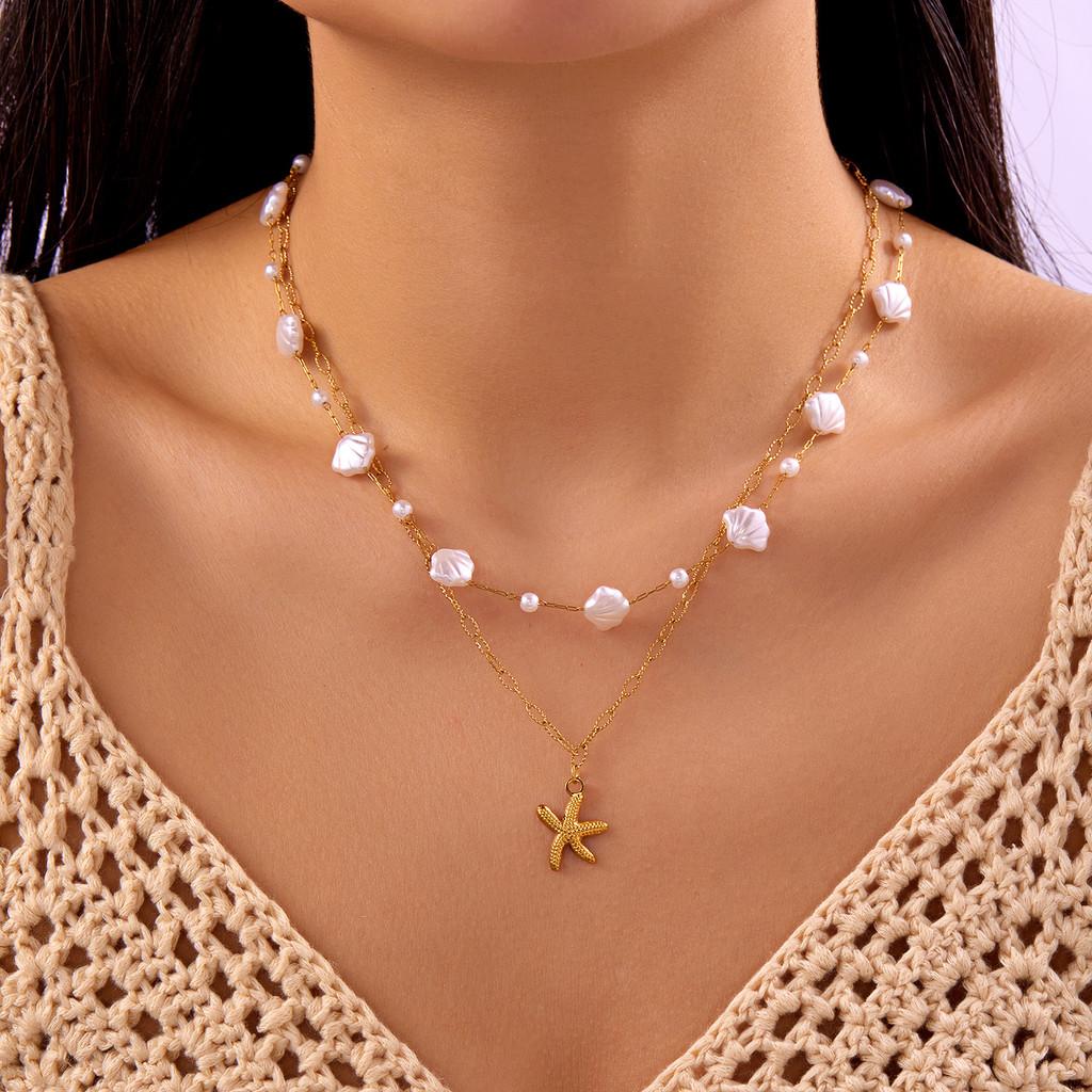 Starfish Shell Pearl Necklace For Women Fashion Ocean Style With Titanium Steel Chain