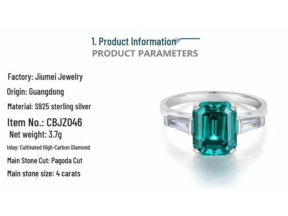 Jiu Mei Emerald Cut Zircon & High Carbon Diamond Ring In S925 Sterling Silver