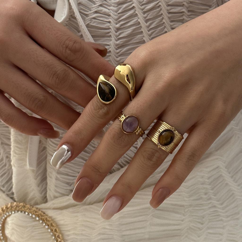 Retro Gold Color Irregular Metal Ring for Women Men Stainless Steel Natural Tiger Eye Opening Ring Aesthetic Dating Jewelry