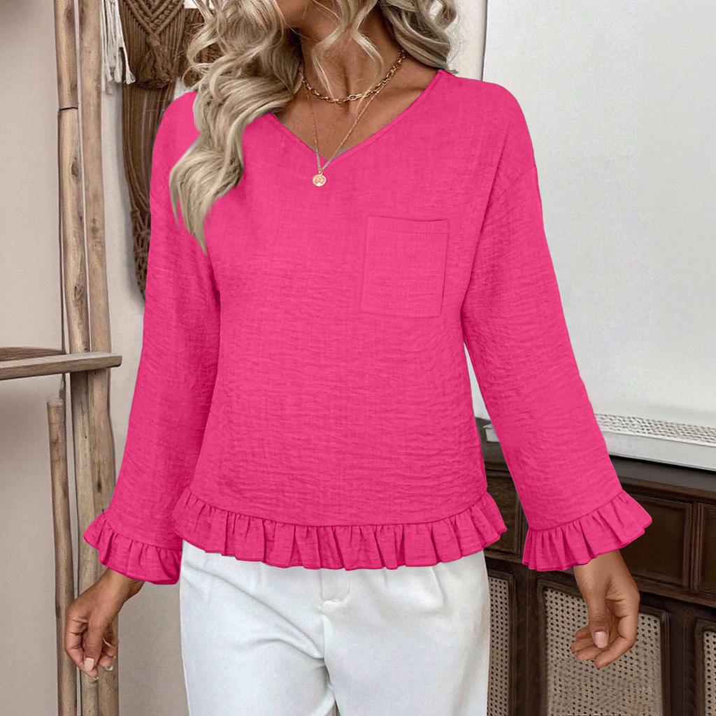 Women's Casual Fashion Ruffle V-Neck Pocket Solid Color Long Sleeve Top