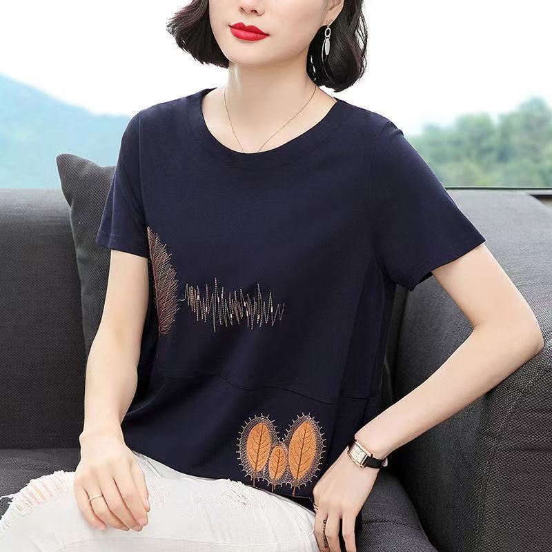 Cotton Leaf Pattern Embroidery T-Shirt O-Neck Three Quarter Sleeve Tshirts Women's Autumn Loose Fit Top