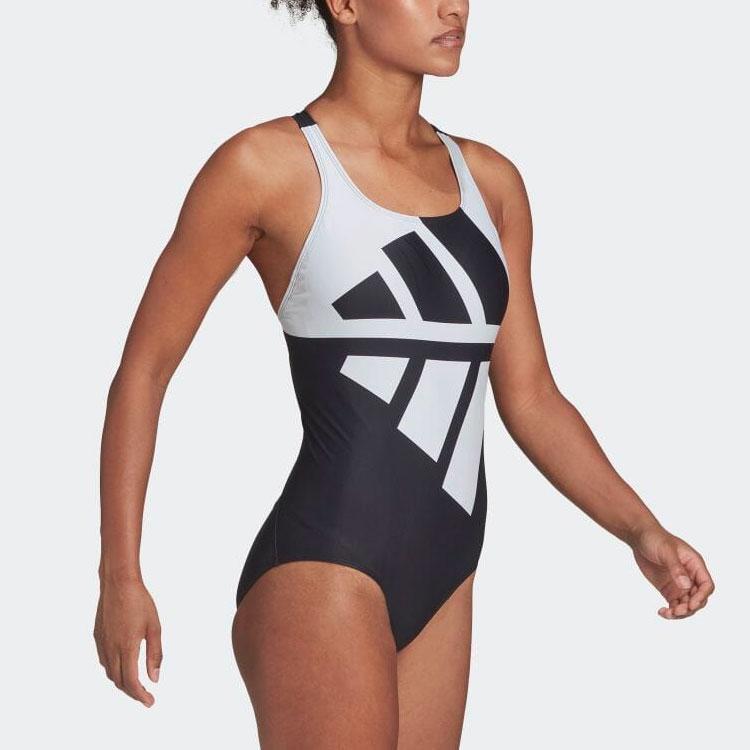 Adidas Round Neck Printed One-Piece Swimsuit Women swimsuit Black White HB1680
