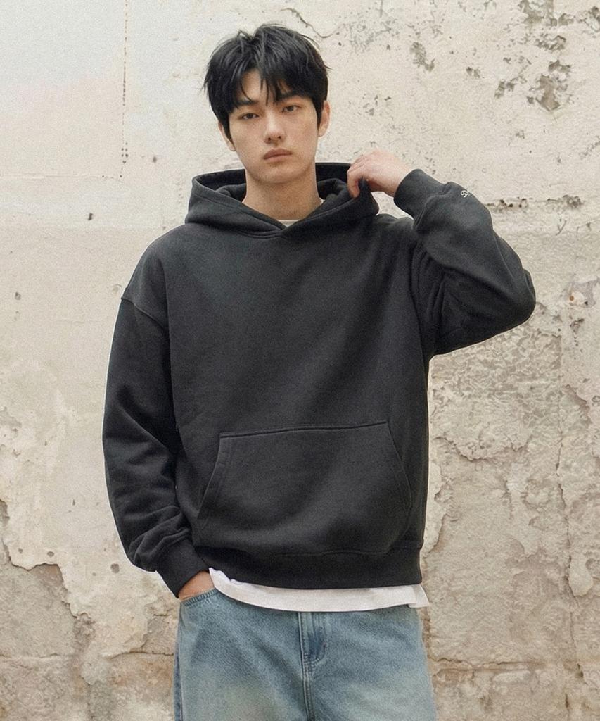 [Fleece-Lined] Essential Overfit Peach Sweat Hoodie [Charcoal]