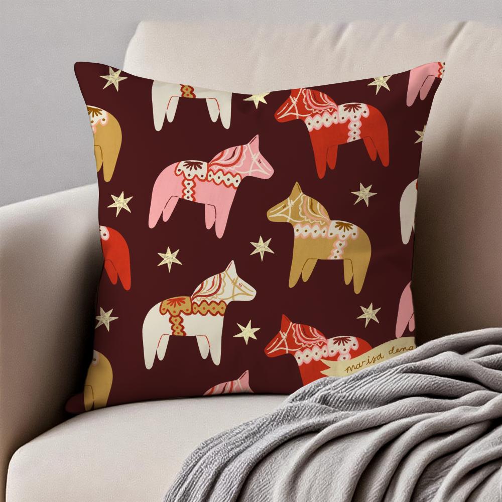 Cute Print Art DDala Horse Cushion Cover Pillowcase Antidustmite Invisible Zipper Short Plush Sofa Cushion