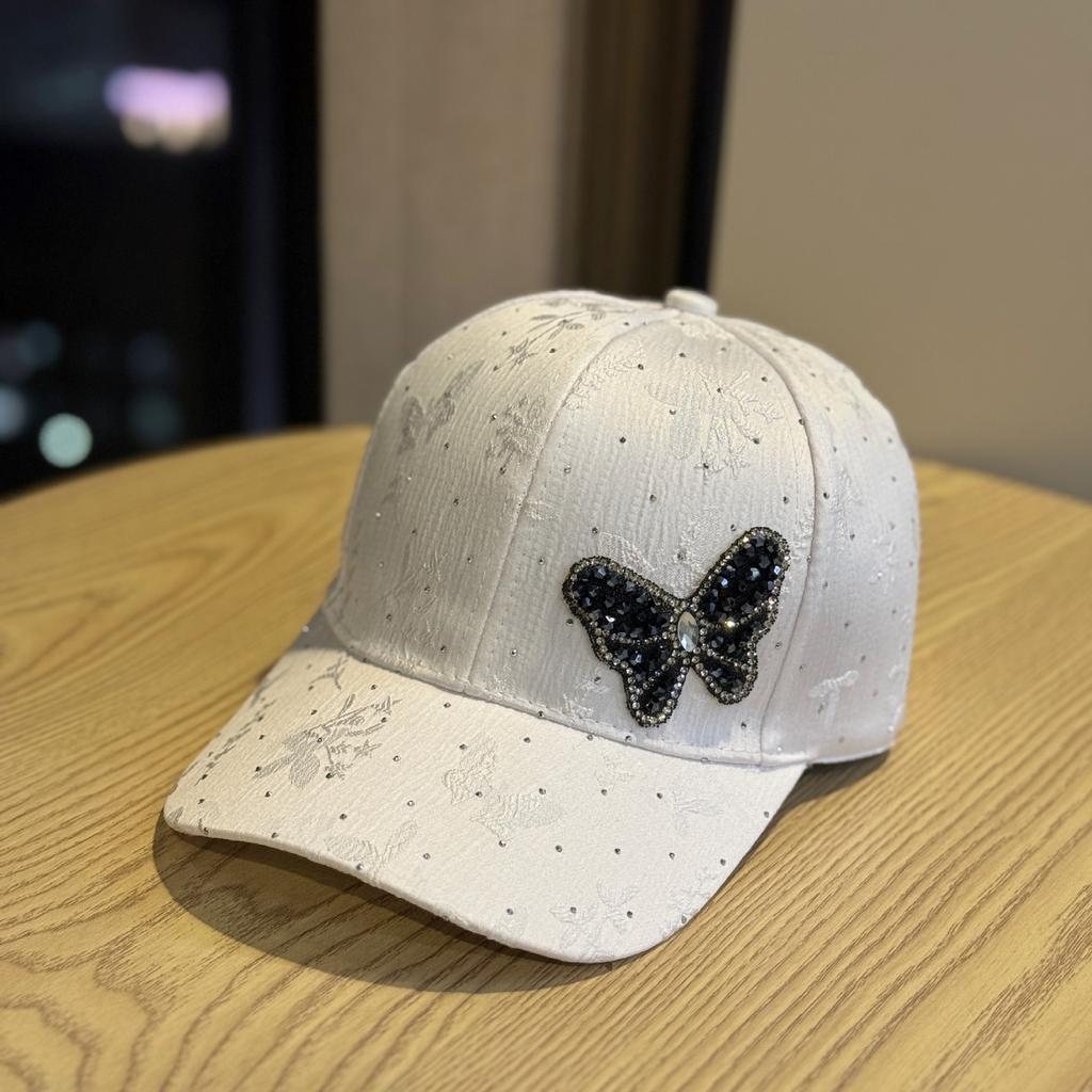 New rhinestone butterfly baseball cap for women, stylish and versatile for spring and summer, sun protection hat with lace pattern